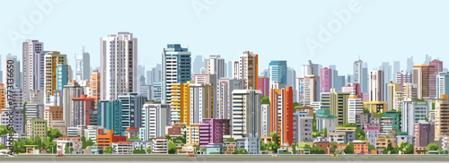 Un paesaggio urbano vibrante con grattacieli colorati e vegetazione rigogliosa sotto un cielo sereno.