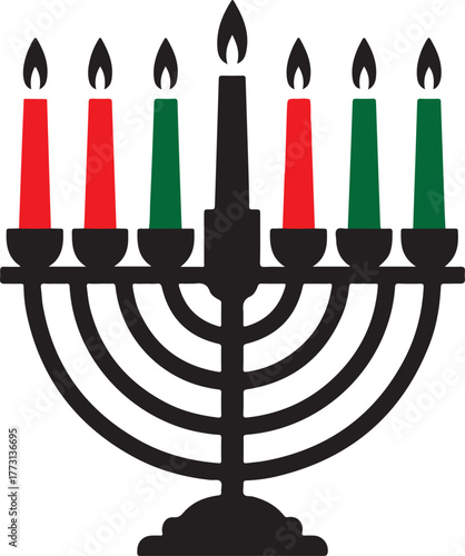 Kwanzaa kinara with seven lit candles in red green and black