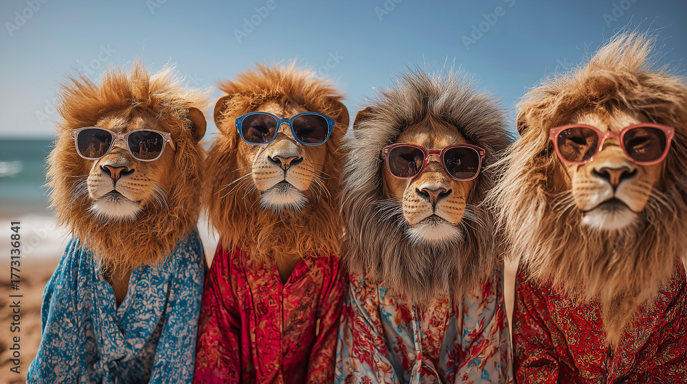 Fototapeta premium Four lions wearing sunglasses pose on a sunny beach. They wear colorful shirts for a playful photo.