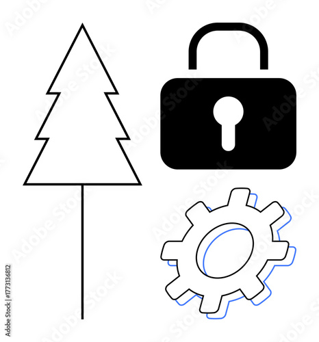 Pine tree, padlock, and gear representing nature, security, and technology. Ideal for sustainability, environmental protection, security solutions, engineering innovation technology concepts