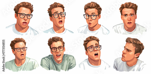 Espressioni facciali di un giovane uomo con gli occhiali che mostra sorpresa e stupore in diverse pose.