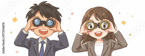 Coppia di professionisti curiosi che guardano con un binocolo verso l'orizzonte