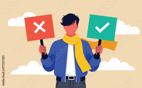 Man holding a check mark and a cross mark, symbolizing decision making and choosing the right option