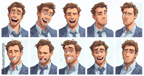 Diverse espressioni facciali di un uomo d'affari in diverse situazioni emotive, catturate in uno stile grafico vettoriale.