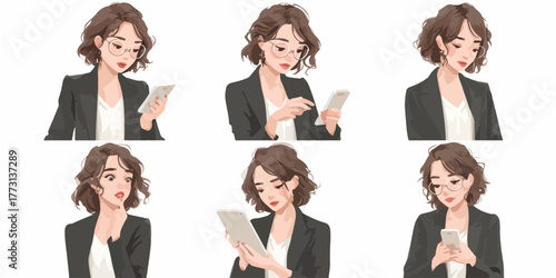 Donna in giacca che usa un tablet e uno smartphone in diverse pose, stile illustrativo.