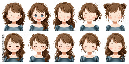 Espressioni emotive di una giovane donna con diversi stili di capelli e acconciature.