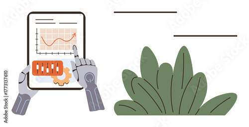 Robotic hands holding a tablet displaying growth chart and analytics. Ideal for technology, innovation, AI, robotics, business, futuristic concepts, data analysis, simple flat metaphor