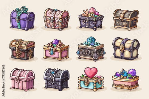 Collezione di scrigni antichi decorati con gemme preziose e dettagli elaborati