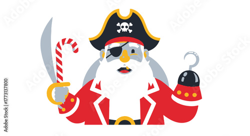 Funny Pirate Santa Claus Illustration with Candy Cane Sword and Hook Hand