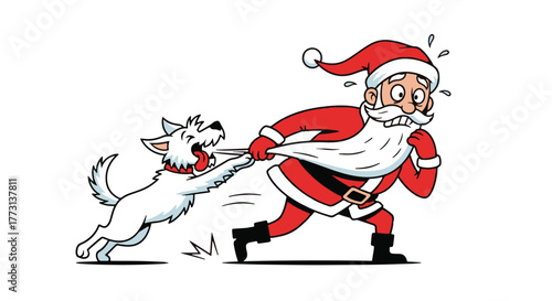 Funny Dog Pulling Santa Claus's Beard Christmas Illustration