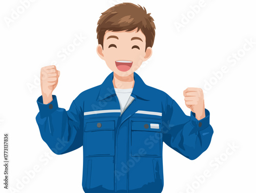 Operaio sorridente celebra un successo con un gesto di vittoria entusiasta.