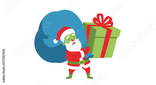 Funny Santa Claus Carrying a Large Bag of Gifts and a Present