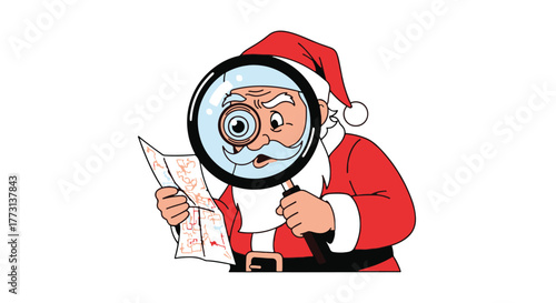 Funny Santa Claus Examining a List with a Magnifying Glass