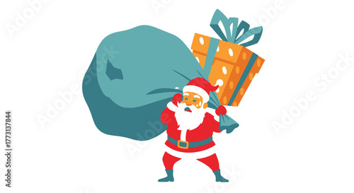 Funny Santa Claus carrying a large sack of presents and a gift box