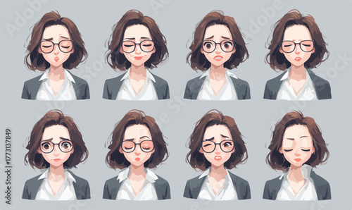Serie di espressioni facciali di una giovane donna d'affari con occhiali, che mostra diverse emozioni.