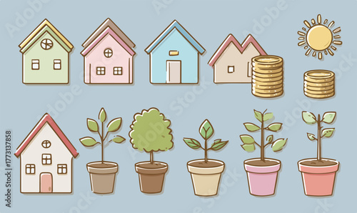 Illustrazione vettoriale di case, piante in crescita e monete d'oro che simboleggiano investimenti immobiliari e prosperità