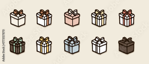 Collezione di scatole regalo stilizzate con nastri, pronte per ogni occasione speciale.