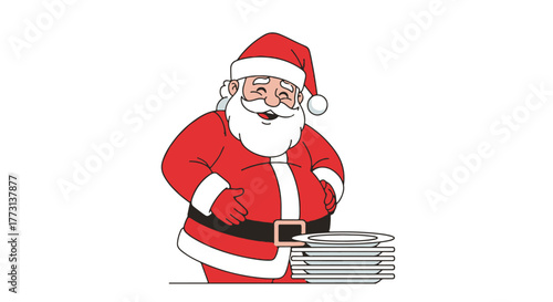 Funny Santa Claus With Stack Of Plates For Christmas Feast