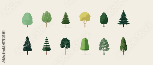 Una collezione di alberi stilizzati e vettoriali con diverse forme e tonalità di verde.