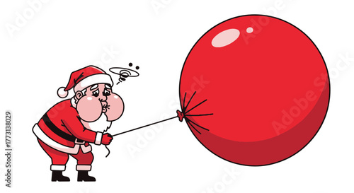 Funny Santa Claus struggling to inflate a large red balloon with his mouth