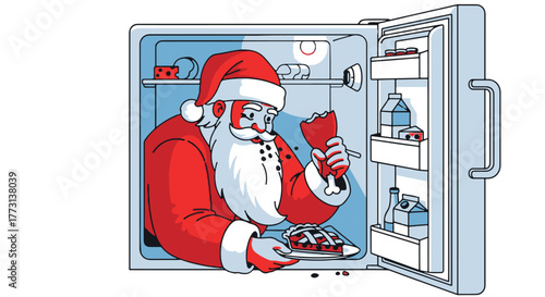 Santa Claus peeking into a refrigerator, ready to eat Christmas leftovers