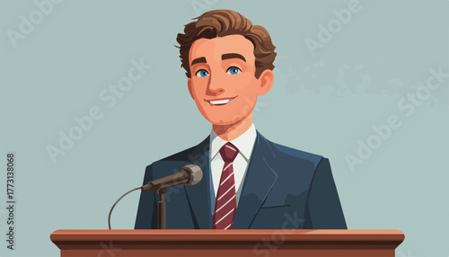 Un uomo sorridente parla da un podio con microfono, rappresentazione di un discorso pubblico.