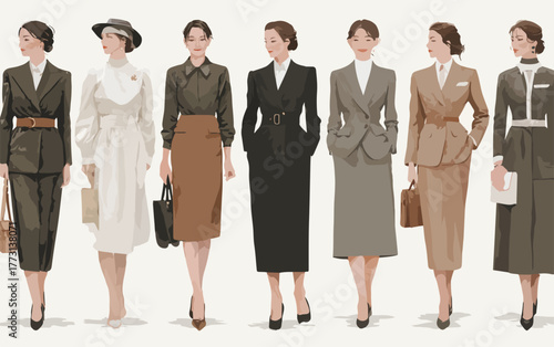 Eleganza sartoriale femminile: sette divise professionali che definiscono lo stile d'epoca.