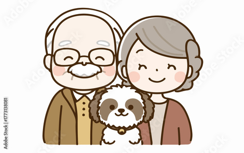 Coppia anziana felice con il loro adorabile cane, un momento di affetto e compagnia.