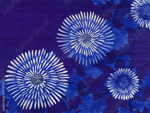 Fiori stilizzati blu su sfondo scuro, un'illustrazione artistica e vettoriale.