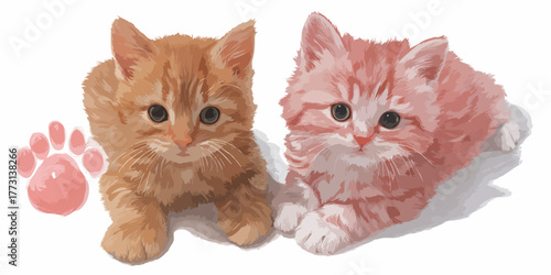 Due adorabili gattini, uno arancione e uno rosa, con una zampa stilizzata accanto.