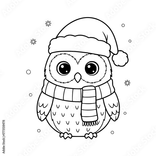 Calm owl wearing Santa hat and scarf, coloring book page for toddlers Generative AI