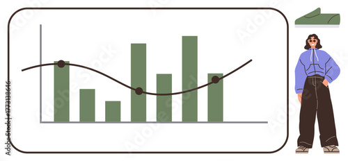 Green bar chart with a trend line and data points, accompanied by a fashionable person. Ideal for data analysis, growth, fashion, visual comparison, business, trends, simple flat metaphor