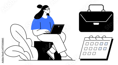 Woman sitting with a laptop, plants beside her, accompanied by a briefcase and calendar. Ideal for productivity, organization, remote work, time management, scheduling, business planning simple flat