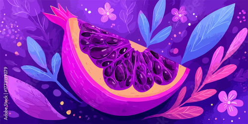 Un'illustrazione vettoriale dai colori vivaci raffigurante una fetta di frutto esotico circondata da elementi floreali su uno sfondo viola intenso.