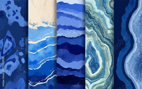 Elegante set di texture blu acquerello, ideali per sfondi artistici, design di branding e progetti creativi che richiedono un tocco di colore.