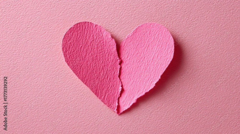 Fototapeta premium Torn pink paper heart on pastel background symbolizing emotional pain, heartbreak and lost love in minimal composition