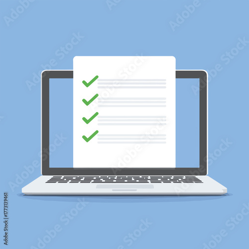 Illustrazione vettoriale di un laptop che mostra un documento con segni di spunta verdi, simbolo di completamento e successo online.