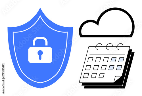 Shield with lock symbol, cloud, and calendar pages suggesting data security, cloud storage, task organization. Ideal for cybersecurity, cloud services, productivity, scheduling data protection