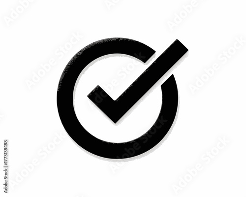 Segno di spunta nero stilizzato all'interno di un cerchio, simbolo di approvazione o completamento.
