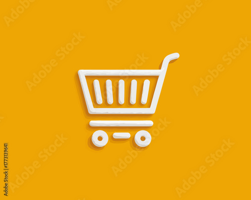 Carrello della spesa bianco stilizzato su sfondo giallo brillante, icona minimalista per acquisti online.