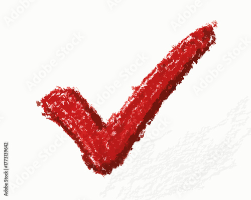 Segno di spunta rosso disegnato a mano con un aspetto pastello su sfondo bianco