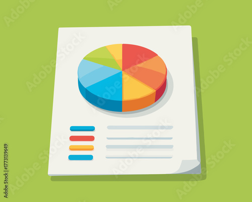 Grafico a torta colorato su foglio di carta, simbolo di analisi dati e business.