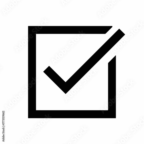 Segno di spunta stilizzato all'interno di un quadrato per indicare approvazione, conferma o completamento.