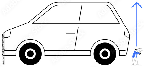 Man struggles to lift a large car, signifying persistence and strength. Ideal for motivation, determination, strength, resilience, ambition, challenges inspiration themes. Minimalistic flat metaphor