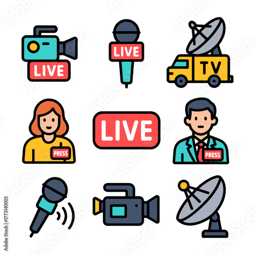 Media broadcast icons: tv truck, microphone, reporters.