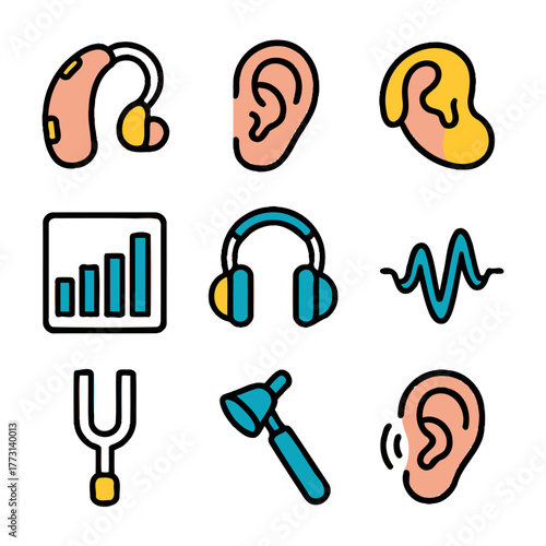Hearing devices and ear care symbols featuring hearing aids and sound waves.