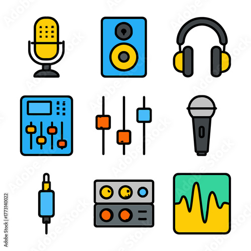 Colorful audio equipment icons: microphones, headphones, and sound mixers.