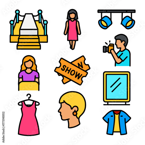 Fashion event icons including catwalk, models, and tickets.