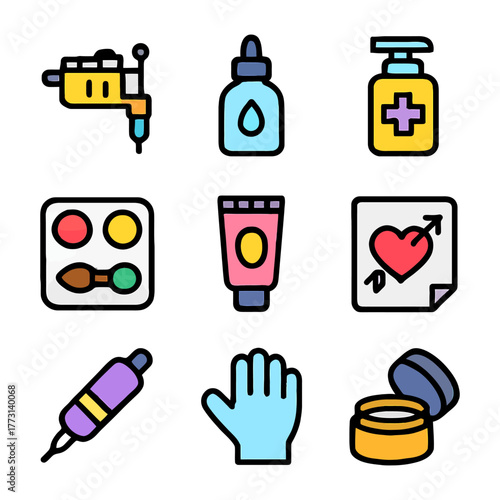 Tattoo equipment and supplies icons set with colorful design.
