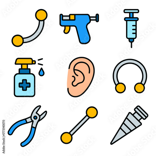 Ear piercing tools set: gun, needle, plier, jewelry icons.